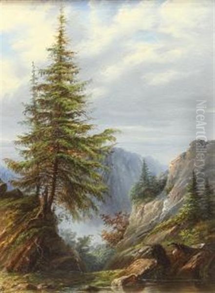 Stream With Mountain Vista Oil Painting by Albert Bierstadt