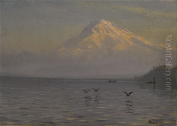 View Of Mount Rainier With Fishermen Oil Painting by Albert Bierstadt