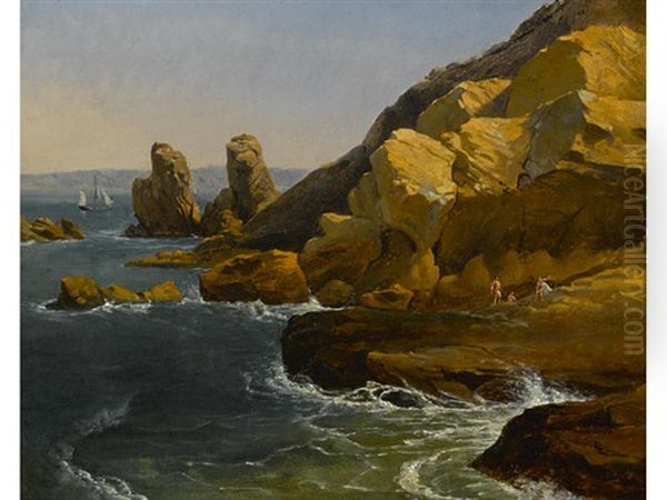 Bathers Along A Rocky Coast, Believed To Be Northern California Oil Painting by Albert Bierstadt