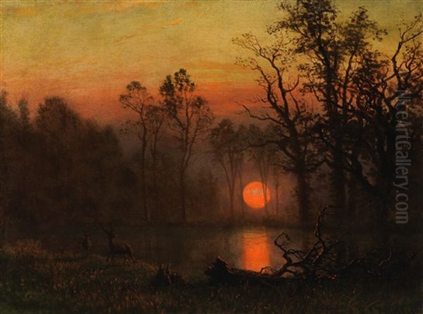 Sunset Over The Plains; Or Deer In A Sunset Landscape Oil Painting by Albert Bierstadt