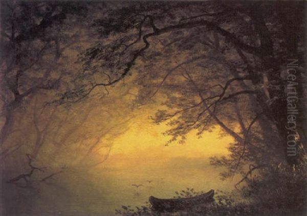 Canoe By The Edge Of The River Oil Painting by Albert Bierstadt