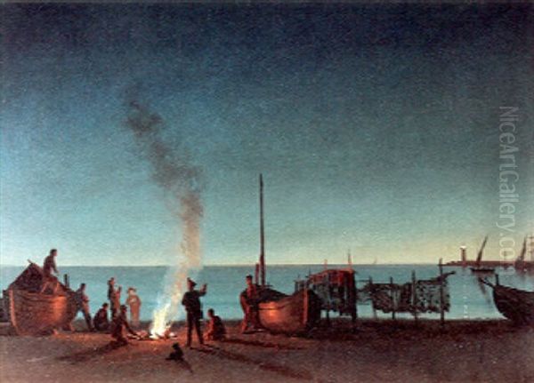 Fisherman By Campfire Oil Painting by Albert Bierstadt