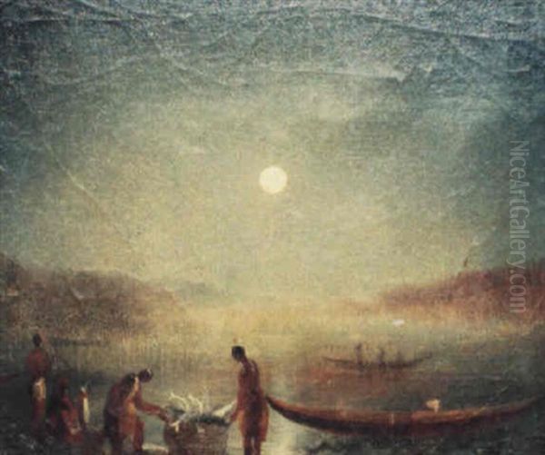 Indians Spearing Salmon, Washington State Oil Painting by Albert Bierstadt