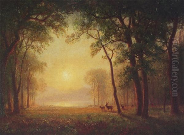 Elk Feeding At First Light, Yosemite Oil Painting by Albert Bierstadt