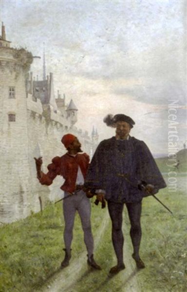 Gentilhomme Et Son Page Devant Un Chateau Oil Painting by Marie Gabriel Biessy