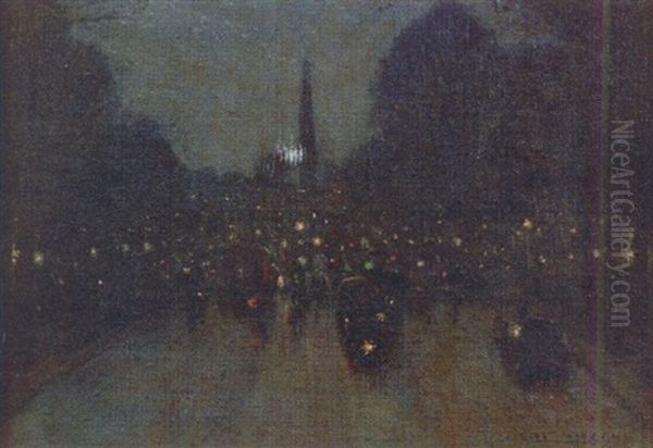 Paris Rue Royale, La Nuit, Effet De Lumiere Oil Painting by Marie Gabriel Biessy