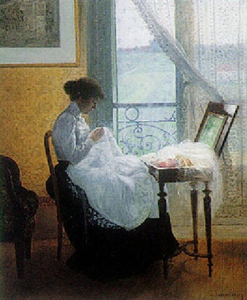 Sewing By A Window Oil Painting by Marie Gabriel Biessy