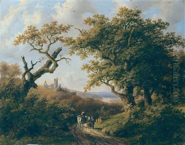 Mittelgebirgslandschaft Mit Einer Burgruine, Einem Reiter Und Reisigsammlern Oil Painting by Anthony Biester