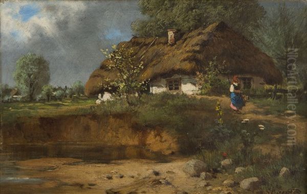 Landscape With Girl And A Hut Oil Painting by Severin Bieszczad