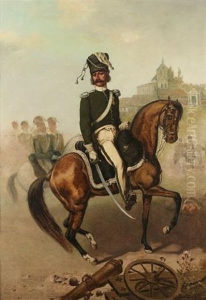 Polish Cavalry Officer On Horseback Oil Painting by Severin Bieszczad