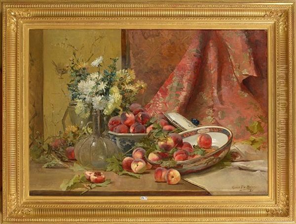 Nature Morte Aux Peches Et Aux Fleurs Oil Painting by Marie De Bievre