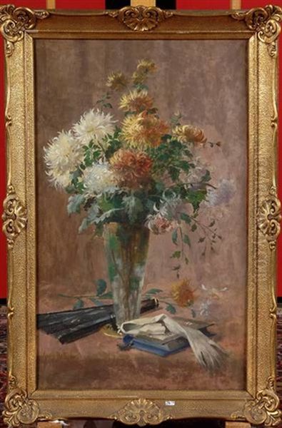 Vase De Chrysanthemes Oil Painting by Marie De Bievre