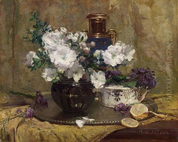 Still Life With White Azalea, Viola And Lemon Oil Painting by Marie De Bievre