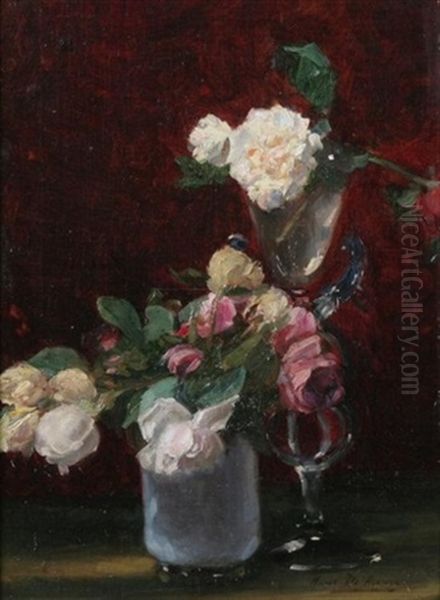 Roses And Glasses On A Tabletop Oil Painting by Marie De Bievre