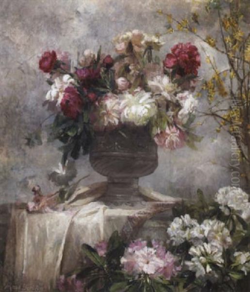 A Still Life With Peonies In An Urn And Rhododendrons On A Ledge Below Oil Painting by Marie De Bievre