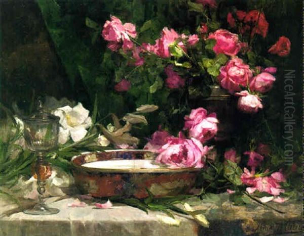 A Still Life With Roses And Iris Oil Painting by Marie De Bievre