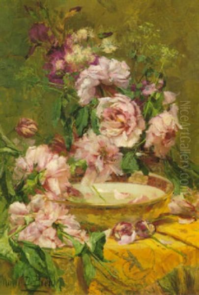 Still Life With Pink Peonies And Iris Oil Painting by Marie De Bievre