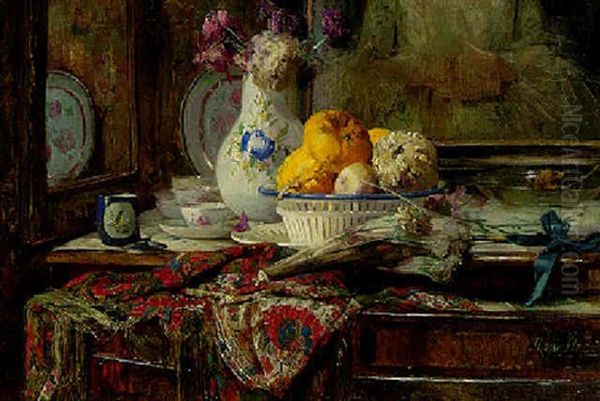 Peonies In A Vase With Vegetables In A Bowl On A Table Oil Painting by Marie De Bievre