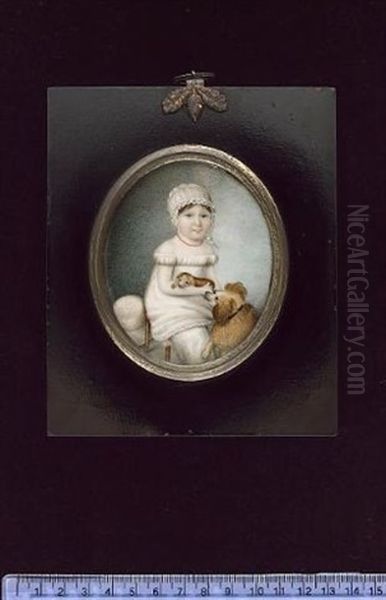 A Young Child, Seated, Wearing White Smock, Pantaloons And Bonnet, A Coral Necklace At Her Neck, A Hat By Her Side, A Puppy In Her Arms With A Dog By Her Feet Oil Painting by Sarah Biffin