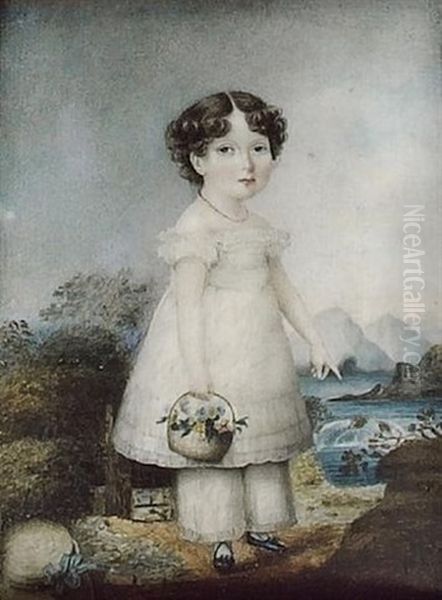 A Young Girl, Wearing White Dress And Pantaloons, Black Shoes And A Coral Necklace, A Basket Of Flowers In Her Hand, A Mountainous Landscape Beyond Oil Painting by Sarah Biffin