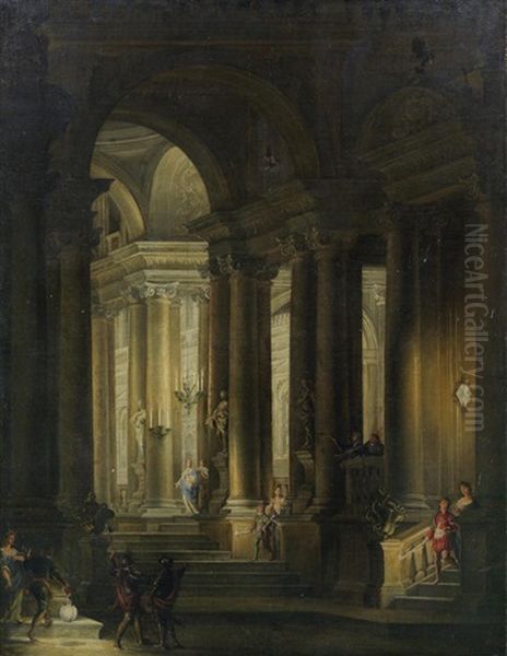 Figures In A Candlelit Church Interior Unframed Oil Painting by Vittorio Maria Bigari