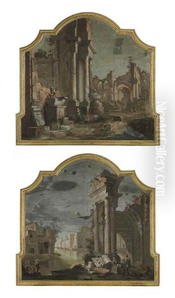 A Capriccio With Classical Ruins (+ A Capriccio With A Ruined Classical Arch On A Canal; Pair) Oil Painting by Vittorio Maria Bigari