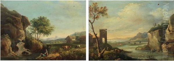 Paesaggio Con Armenti (+ Paesaggio Fluviale; 2 Works) Oil Painting by Vittorio Maria Bigari