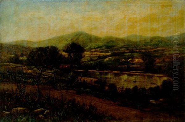 A Country Road By A River With A Covered Bridge And Hills In The Distance by Daniel Folger Bigelow