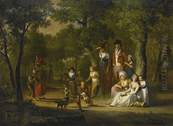 Group Portrait Of A Family In A Woodland Landscape, With Gypsies And Dancing Dogs Oil Painting by William Redmore Bigg