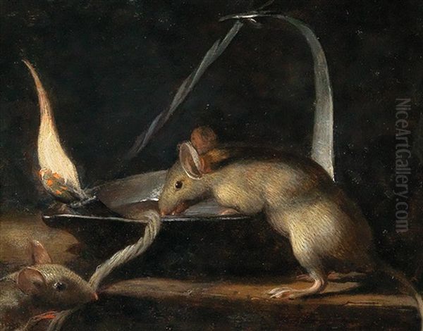 Two Mice Nibbling On A Candlewick Oil Painting by Trophime (Theophisme) Bigot the Elder