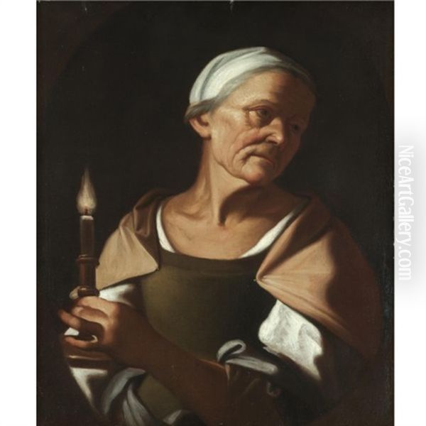 An Old Lady Holding A Candle Oil Painting by Trophime (Theophisme) Bigot the Elder