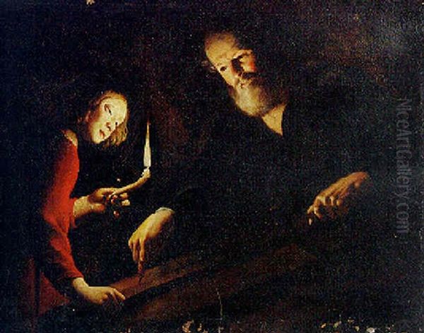 Saint Joseph And The Young Christ In The Carpenter's Shop Oil Painting by Trophime (Theophisme) Bigot the Elder