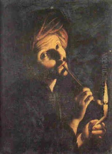 A Man In A Turban Smoking By Candlelight Oil Painting by Trophime (Theophisme) Bigot the Elder