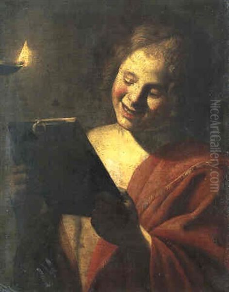 Jeune Homme Tenant Un Miroir A La Lueur D'une Lampe A Huile Oil Painting by Trophime (Theophisme) Bigot the Elder