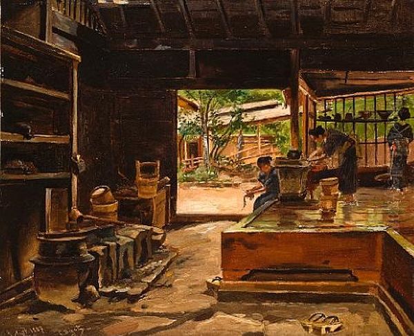 Interior Of A Japanese Kitchen At Kikonya-shisendyi, Idzu Province, Japan Oil Painting by Georges Ferdinand Bigot