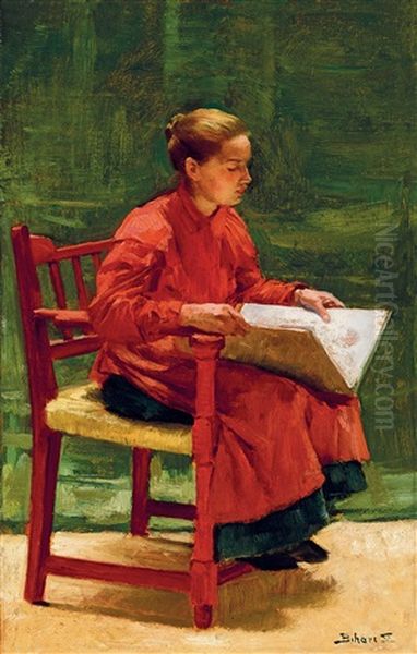 Girl With Sketch Book In The Studio In Szolnok Oil Painting by Sandor Alexander Bihari