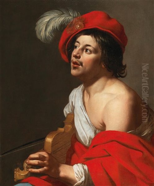 A Young Violinist In A Red Cap And Cloak Oil Painting by Jan Van Bijlert