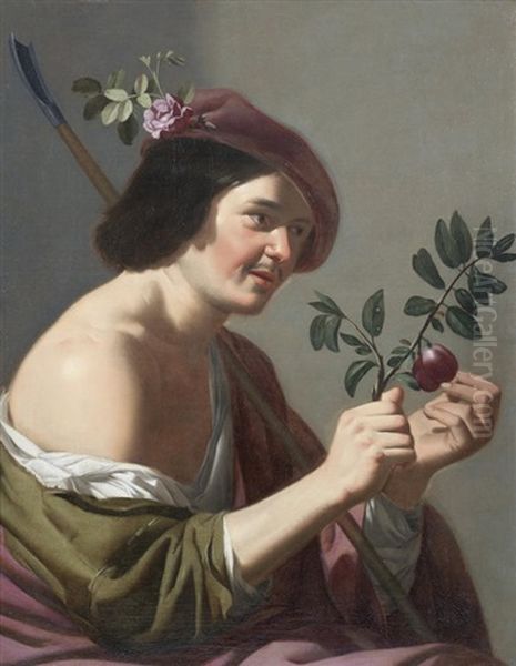 A Shepherd Holding A Plum Branch Oil Painting by Jan Van Bijlert