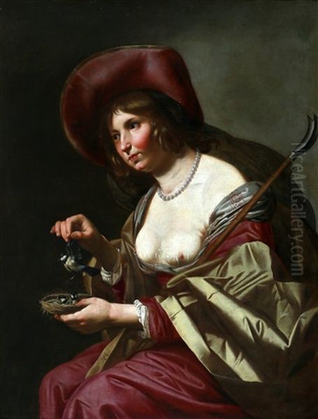 Portret Van Een Vrouw Als Herderin Met Een Staf En In Haar Handen Een Vogelnestje Waaruit Zij Een Vogel Aanbiedt, Als Erotische Geste Oil Painting by Jan Van Bijlert