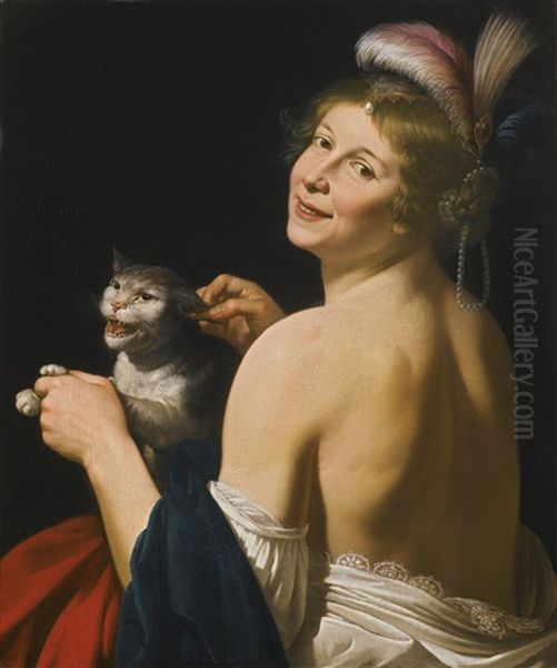 A Young Woman Playing With A Cat Oil Painting by Jan Van Bijlert