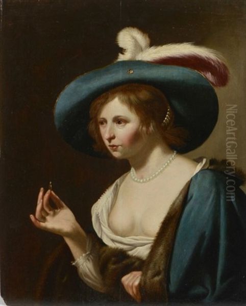 Portrait De Jeune Femme Au Chapeau Tenant Une Bague Oil Painting by Jan Van Bijlert