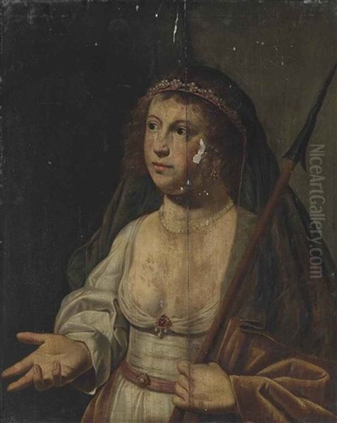 Portrait Of A Lady As Minerva, Half-length, In A White Dress, Pearl Headdress And A Veil, A Spear In Her Left Hand Oil Painting by Jan Van Bijlert