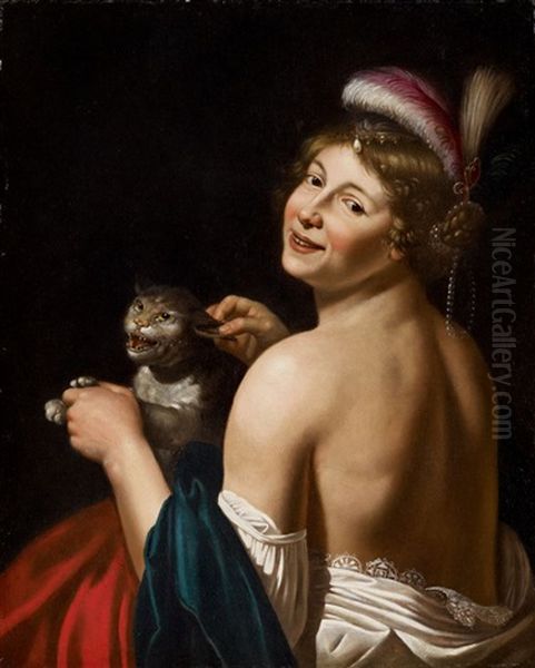 Eine Kurtisane Am Ohr Einer Katze Ziehend. Allegorie Des Tastsinns Oil Painting by Jan Van Bijlert