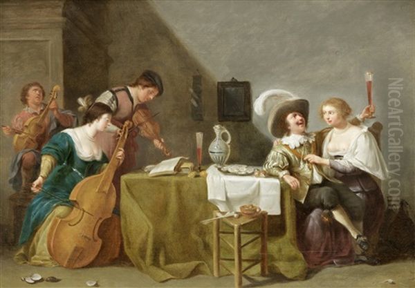 A Merry Company Making Music In An Interior Oil Painting by Jan Van Bijlert