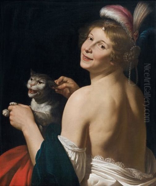 Jeune Femme Au Chat, Allegorie Du Toucher Oil Painting by Jan Van Bijlert