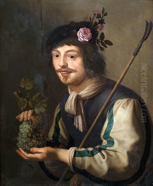 Schafer Mit Blumengeschmucktem Hut. In Der Rechten Hand Halt Er Eine Traube, Uber Die Linke Schulter Hat Er Einen Stab Gelehnt Oil Painting by Jan Van Bijlert