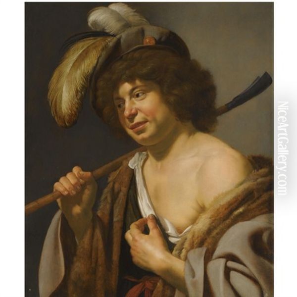 A Shepherd, Wearing A Plumed Hat, Holding A Staff In His Right Hand Oil Painting by Jan Van Bijlert