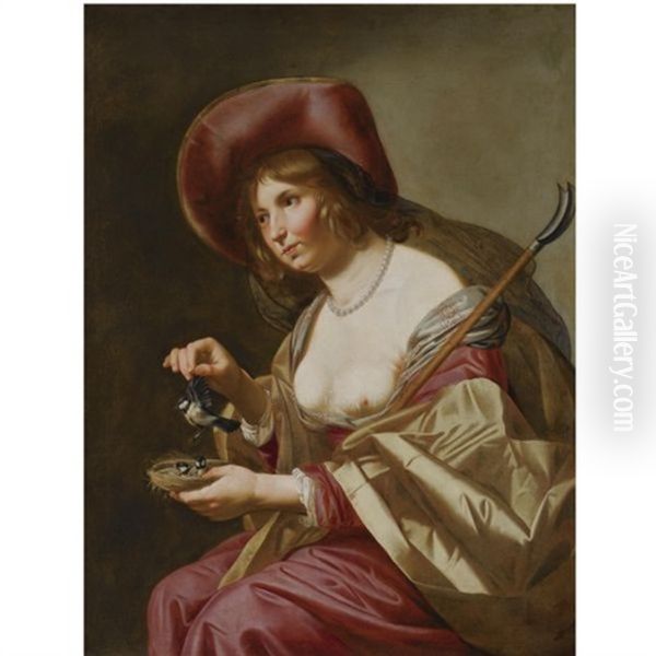 A Young Shepherdess, Seated, Wearing A Red And Yellow Dress And A Wide-brimmed Hat, Holding A Staff And A Bird's Nest With Three Small Birds Oil Painting by Jan Van Bijlert