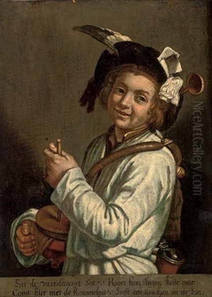 Portrait Of A Boy Playing A Rommelpot Oil Painting by Jan Van Bijlert