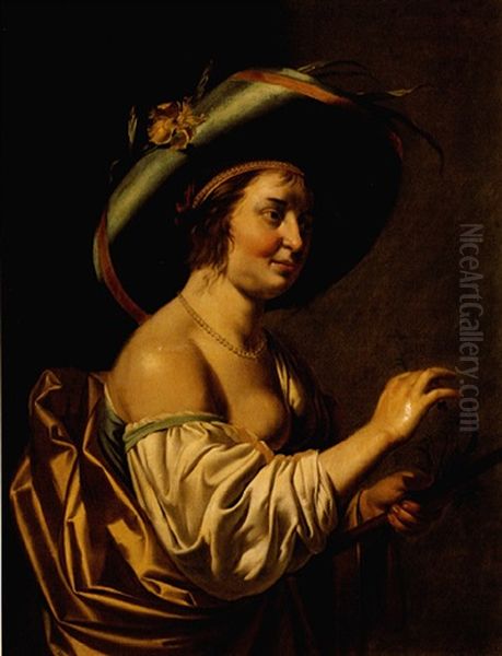 A Shepherdess Wearing A Large Blue Hat Decorated With An Iris And Holding A Staff Oil Painting by Jan Van Bijlert